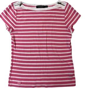 Lauren Ralph Lauren Women  Sz Large Pink Striped Cap Sleeve Zipper Detail Tshirt